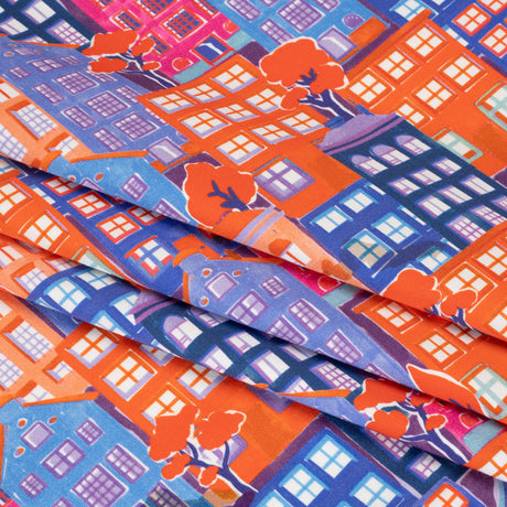 Stretch Cotton Sateen - Purple, Orange and Blue Houses - Sunlit City Print - Mood Exclusive Chariot Collection