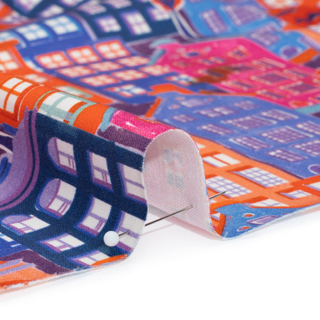 Stretch Cotton Sateen - Purple, Orange and Blue Houses - Sunlit City Print - Mood Exclusive Chariot Collection