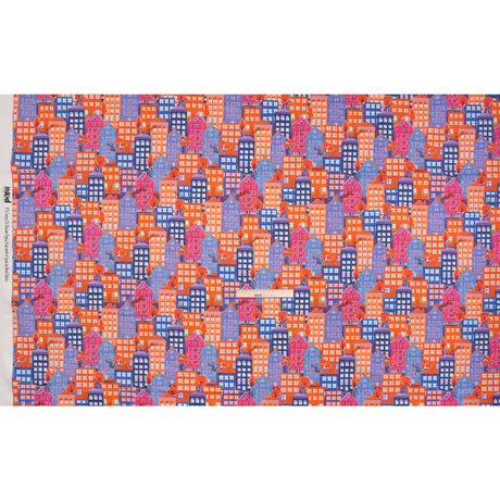 Stretch Cotton Sateen - Purple, Orange and Blue Houses - Sunlit City Print - Mood Exclusive Chariot Collection