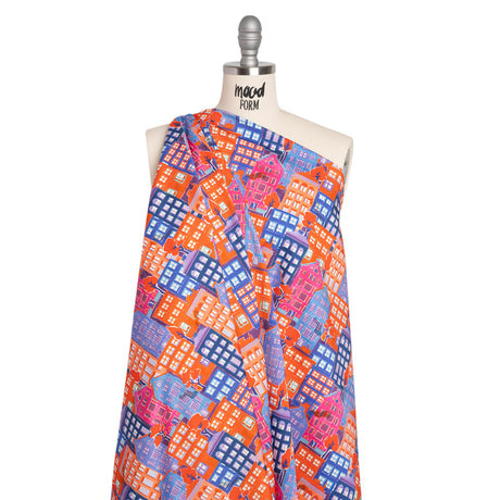Stretch Cotton Sateen - Purple, Orange and Blue Houses - Sunlit City Print - Mood Exclusive Chariot Collection