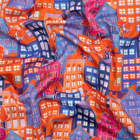 Stretch Cotton Sateen - Purple, Orange and Blue Houses - Sunlit City Print - Mood Exclusive Chariot Collection