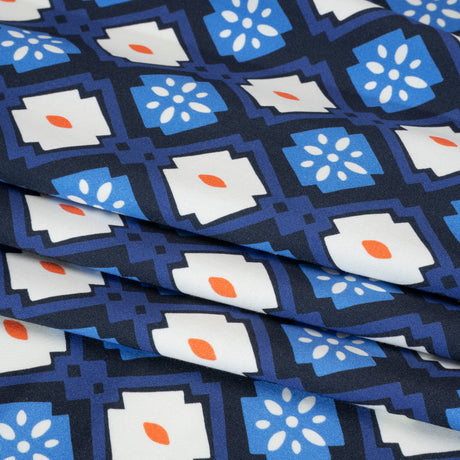 Stretch Cotton Sateen - Blue and Orange Geometric - Santorini Spritz Print - Mood Exclusive Chariot Collection
