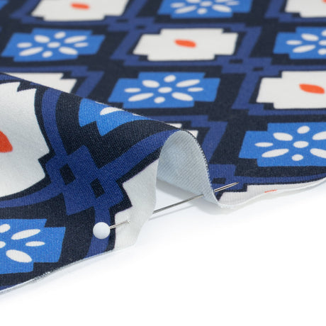 Stretch Cotton Sateen - Blue and Orange Geometric - Santorini Spritz Print - Mood Exclusive Chariot Collection