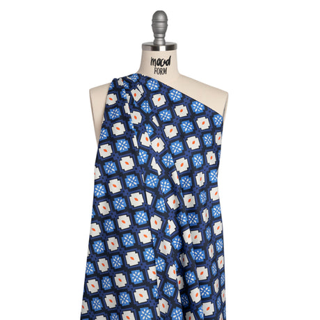 Stretch Cotton Sateen - Blue and Orange Geometric - Santorini Spritz Print - Mood Exclusive Chariot Collection