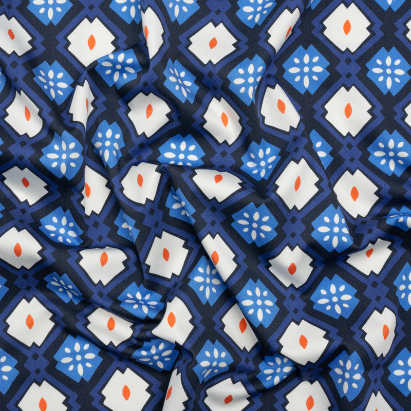 Stretch Cotton Sateen - Blue and Orange Geometric - Santorini Spritz Print - Mood Exclusive Chariot Collection