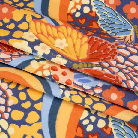 Stretch Cotton Sateen - Orange and Blue Butterflies and Doodles - Sunbeam Garden Print - Mood Exclusive Chariot Collection
