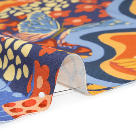 Stretch Cotton Sateen - Orange and Blue Butterflies and Doodles - Sunbeam Garden Print - Mood Exclusive Chariot Collection