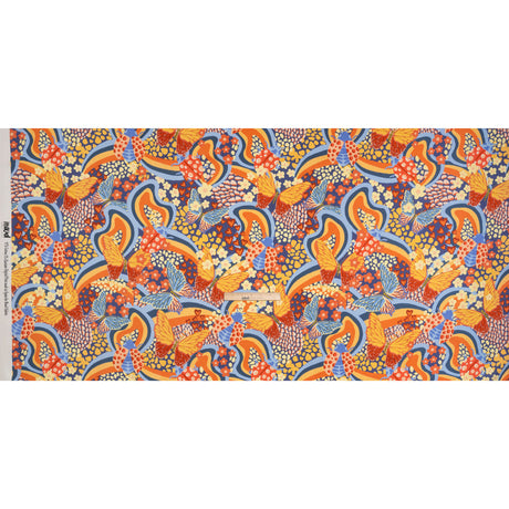 Stretch Cotton Sateen - Orange and Blue Butterflies and Doodles - Sunbeam Garden Print - Mood Exclusive Chariot Collection
