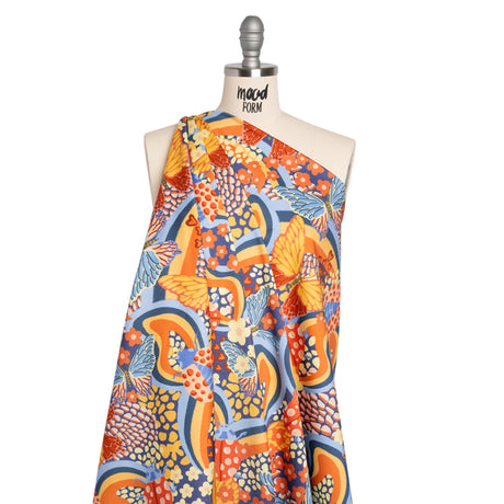 Stretch Cotton Sateen - Orange and Blue Butterflies and Doodles - Sunbeam Garden Print - Mood Exclusive Chariot Collection