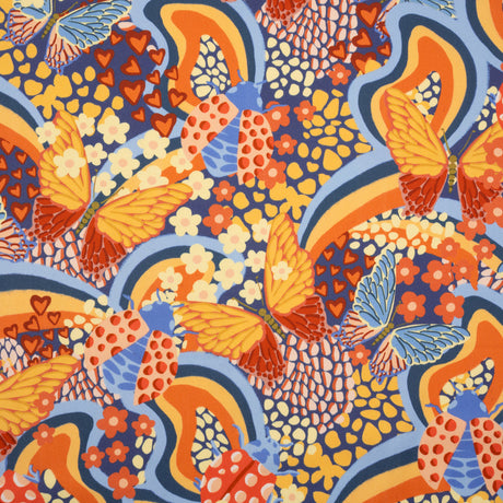 Stretch Cotton Sateen - Orange and Blue Butterflies and Doodles - Sunbeam Garden Print - Mood Exclusive Chariot Collection