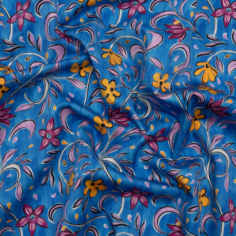 Stretch Cotton Sateen - Blue and Yellow Floral - Apollo's Laurel Print - Mood Exclusive Chariot Collection
