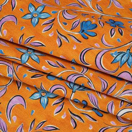 Stretch Cotton Sateen - Orange and Blue Floral - Apollo's Laurel Print - Mood Exclusive Chariot Collection
