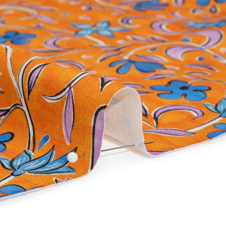 Stretch Cotton Sateen - Orange and Blue Floral - Apollo's Laurel Print - Mood Exclusive Chariot Collection