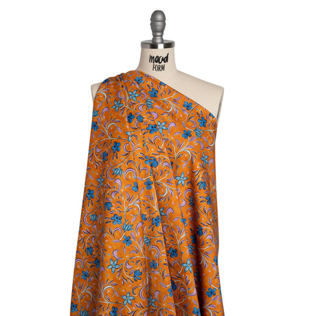 Stretch Cotton Sateen - Orange and Blue Floral - Apollo's Laurel Print - Mood Exclusive Chariot Collection