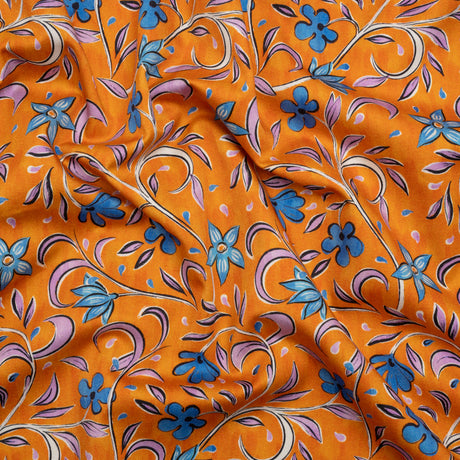 Stretch Cotton Sateen - Orange and Blue Floral - Apollo's Laurel Print - Mood Exclusive Chariot Collection