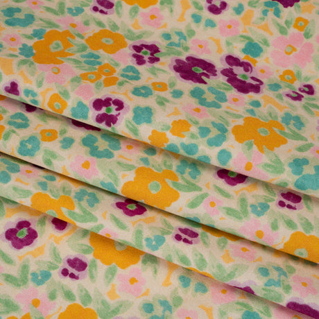 Stretch Cotton Sateen - Yellow and Plum Floral - Midsummer Meadow Print - Mood Exclusive Chariot Collection