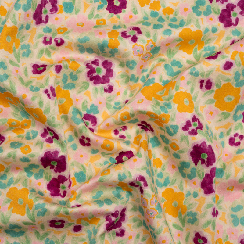 Stretch Cotton Sateen - Yellow and Plum Floral - Midsummer Meadow Print - Mood Exclusive Chariot Collection