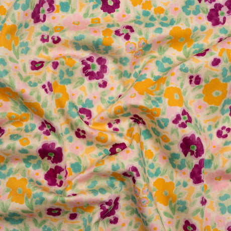 Stretch Cotton Sateen - Yellow and Plum Floral - Midsummer Meadow Print - Mood Exclusive Chariot Collection