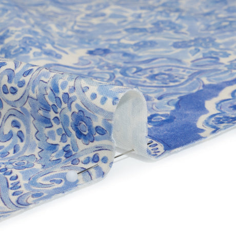 Stretch Cotton Sateen Panel - Blue Paisley Floral - Sicilian Summer Print - Mood Exclusive Chariot Collection