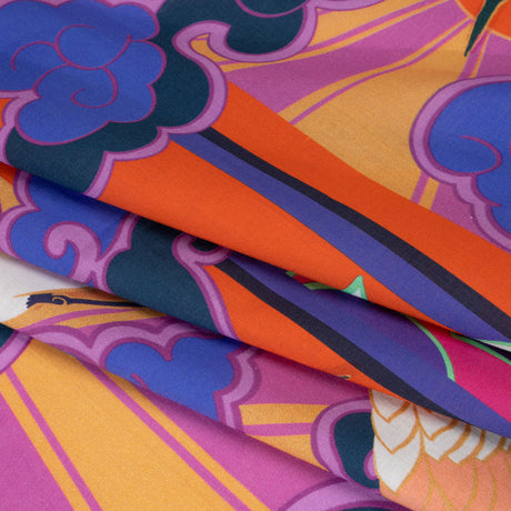 Cotton Voile Panel - Purple and Orange Cranes and Clouds - Sunrise Flight Print - Mood Exclusive Chariot Collection