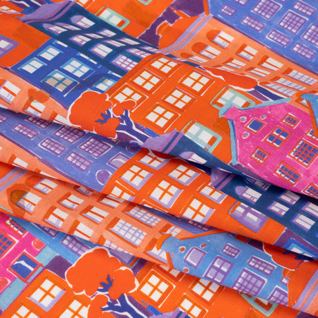 Cotton Voile - Purple, Orange and Blue Houses - Sunlit City Print - Mood Exclusive Chariot Collection