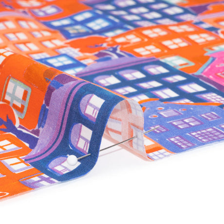 Cotton Voile - Purple, Orange and Blue Houses - Sunlit City Print - Mood Exclusive Chariot Collection