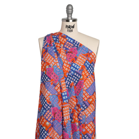 Cotton Voile - Purple, Orange and Blue Houses - Sunlit City Print - Mood Exclusive Chariot Collection