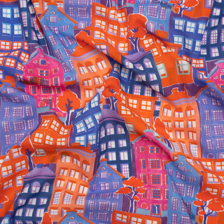 Cotton Voile - Purple, Orange and Blue Houses - Sunlit City Print - Mood Exclusive Chariot Collection