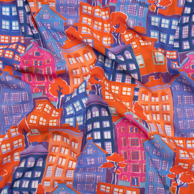 Cotton Voile - Purple, Orange and Blue Houses - Sunlit City Print - Mood Exclusive Chariot Collection