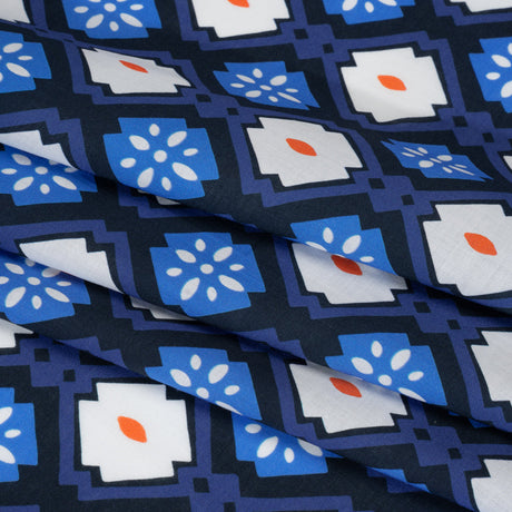 Cotton Voile - Blue and Orange Geometric - Santorini Spritz Print - Mood Exclusive Chariot Collection