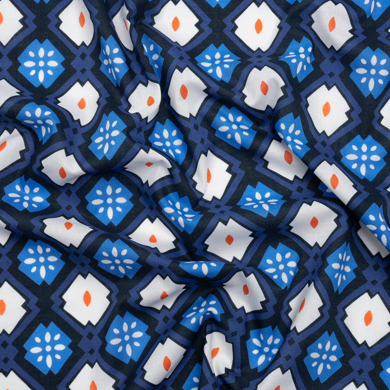 Cotton Voile - Blue and Orange Geometric - Santorini Spritz Print - Mood Exclusive Chariot Collection