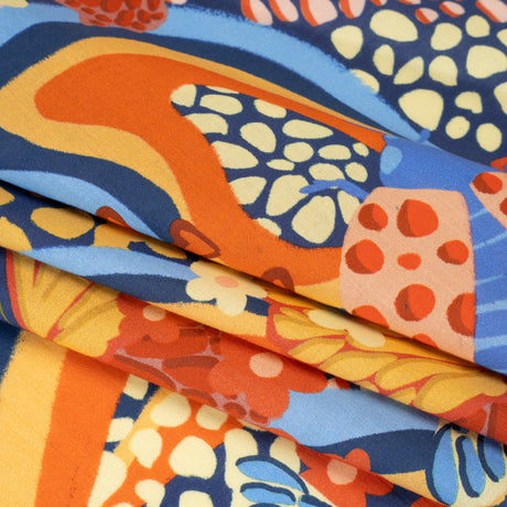 Cotton Voile - Orange and Blue Butterflies and Doodles - Sunbeam Garden Print - Mood Exclusive Chariot Collection