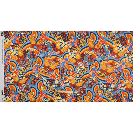 Cotton Voile - Orange and Blue Butterflies and Doodles - Sunbeam Garden Print - Mood Exclusive Chariot Collection