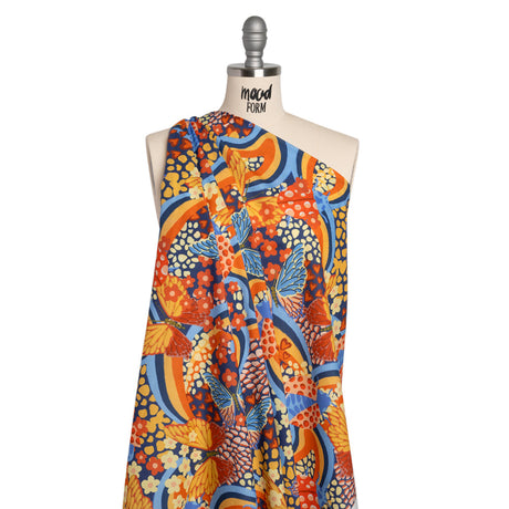 Cotton Voile - Orange and Blue Butterflies and Doodles - Sunbeam Garden Print - Mood Exclusive Chariot Collection