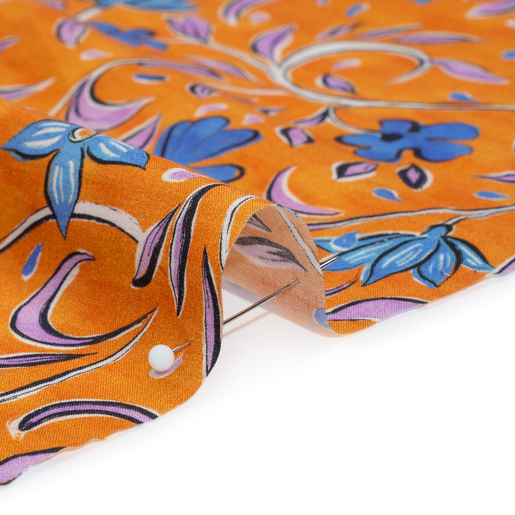 Cotton Voile - Orange and Blue Floral - Apollo's Laurel Print - Mood Exclusive Chariot Collection