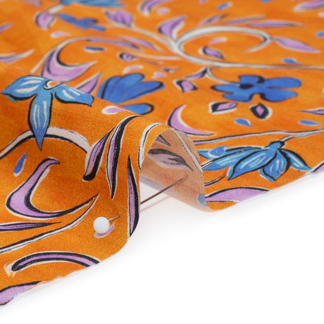 Cotton Voile - Orange and Blue Floral - Apollo's Laurel Print - Mood Exclusive Chariot Collection