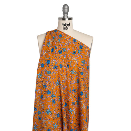 Cotton Voile - Orange and Blue Floral - Apollo's Laurel Print - Mood Exclusive Chariot Collection