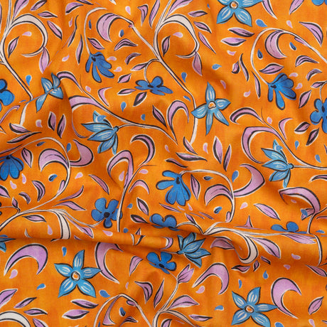 Cotton Voile - Orange and Blue Floral - Apollo's Laurel Print - Mood Exclusive Chariot Collection