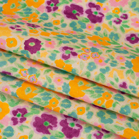 Linen-Rayon Woven - Yellow and Plum Floral - Midsummer Meadow Print - Mood Exclusive Chariot Collection