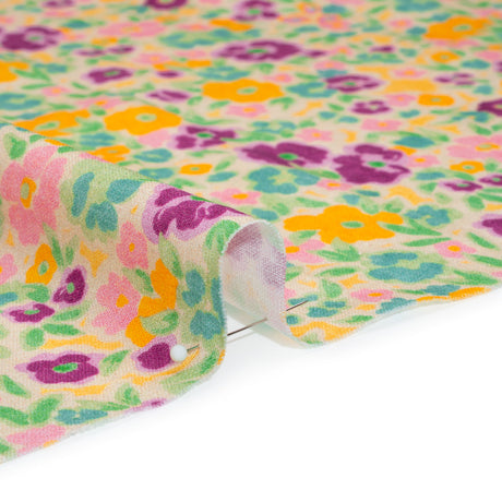 Linen-Rayon Woven - Yellow and Plum Floral - Midsummer Meadow Print - Mood Exclusive Chariot Collection