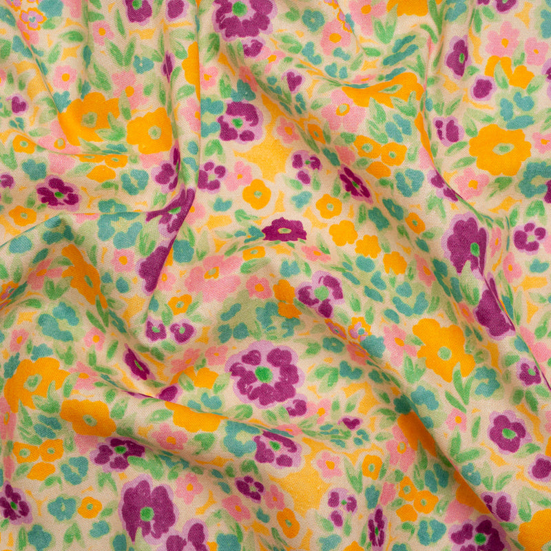 Linen-Rayon Woven - Yellow and Plum Floral - Midsummer Meadow Print - Mood Exclusive Chariot Collection