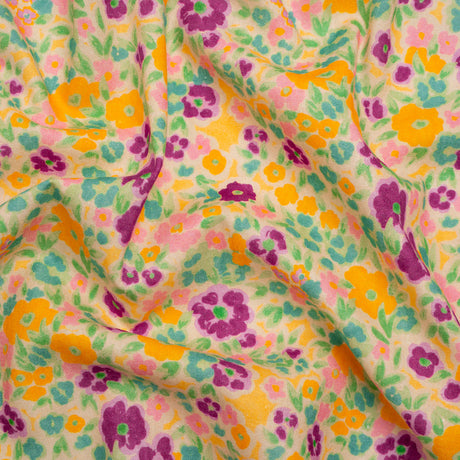 Linen-Rayon Woven - Yellow and Plum Floral - Midsummer Meadow Print - Mood Exclusive Chariot Collection