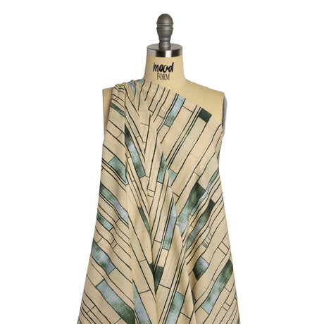 Cotton Voile - Green and Cream Geometric Blocks - Cliffside Climb Print - Mood Exclusive Acadia Collection