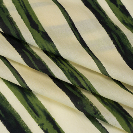 Cotton Voile - Cream and Green Painted Stripes - Verdant Trail Print - Mood Exclusive Acadia Collection