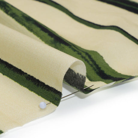 Cotton Voile - Cream and Green Painted Stripes - Verdant Trail Print - Mood Exclusive Acadia Collection