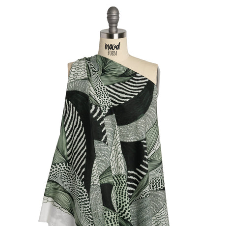 Cotton Voile - Dark Green and White Doodled Patterns - Forest Fantasy Print - Mood Exclusive Acadia Collection