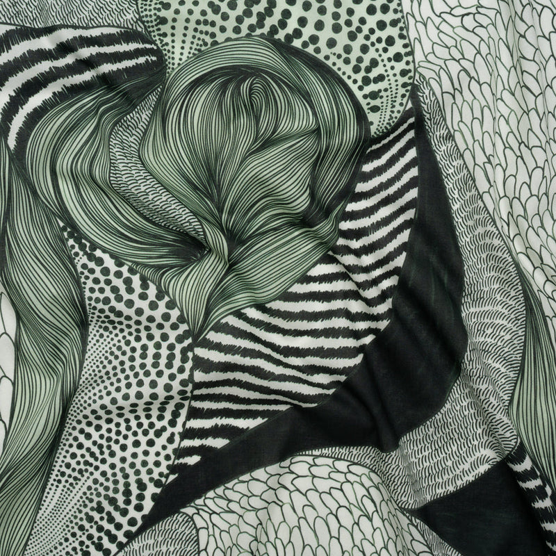 Cotton Voile - Dark Green and White Doodled Patterns - Forest Fantasy Print - Mood Exclusive Acadia Collection