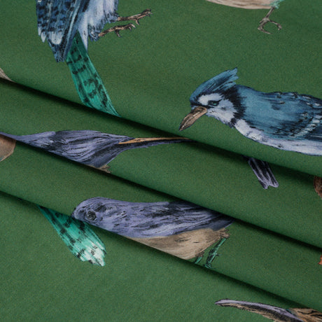Cotton Voile - Green, Blue and Beige Little Birds - Birdsong Saunter Print - Mood Exclusive Acadia Collection