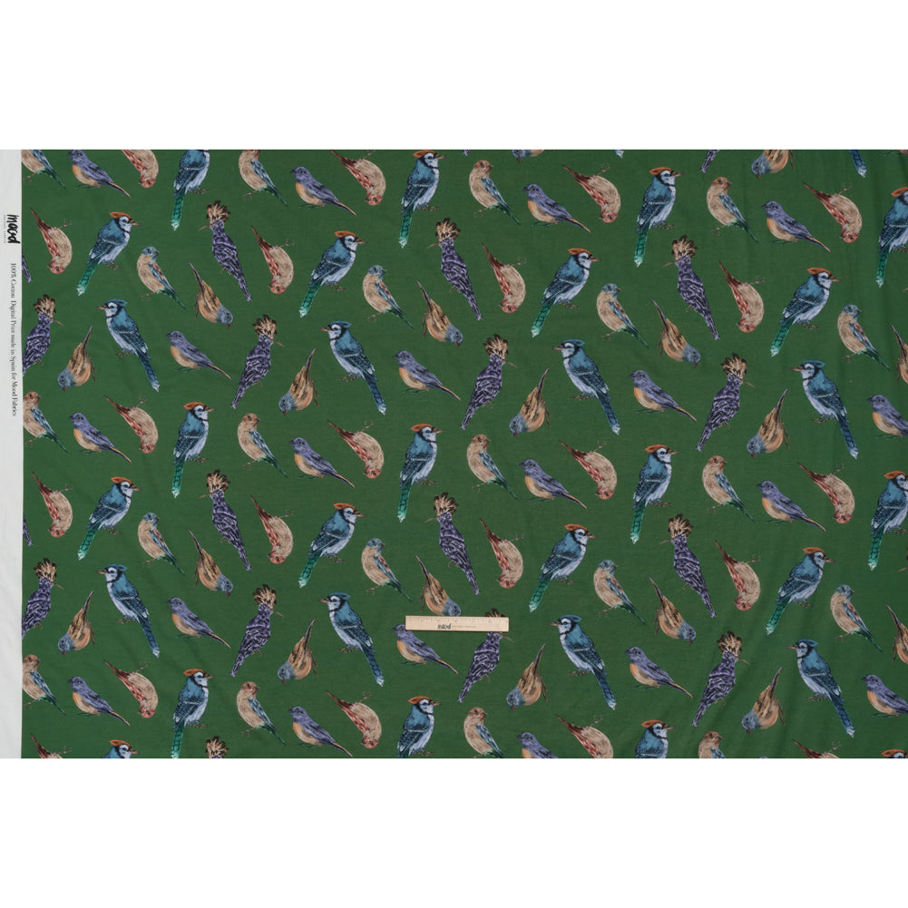 Cotton Voile - Green, Blue and Beige Little Birds - Birdsong Saunter Print - Mood Exclusive Acadia Collection