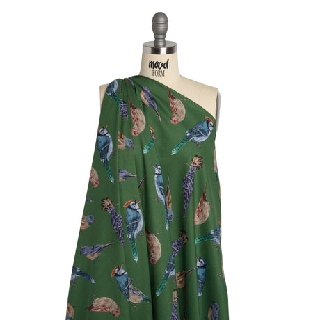 Cotton Voile - Green, Blue and Beige Little Birds - Birdsong Saunter Print - Mood Exclusive Acadia Collection
